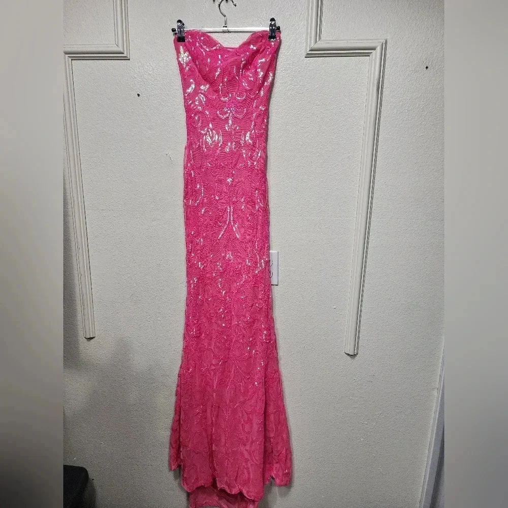 Lulus Glam Aura Hot Pink Iridescent Sequin Strapless Maxi Dress Prom Party - Picture 6 of 11